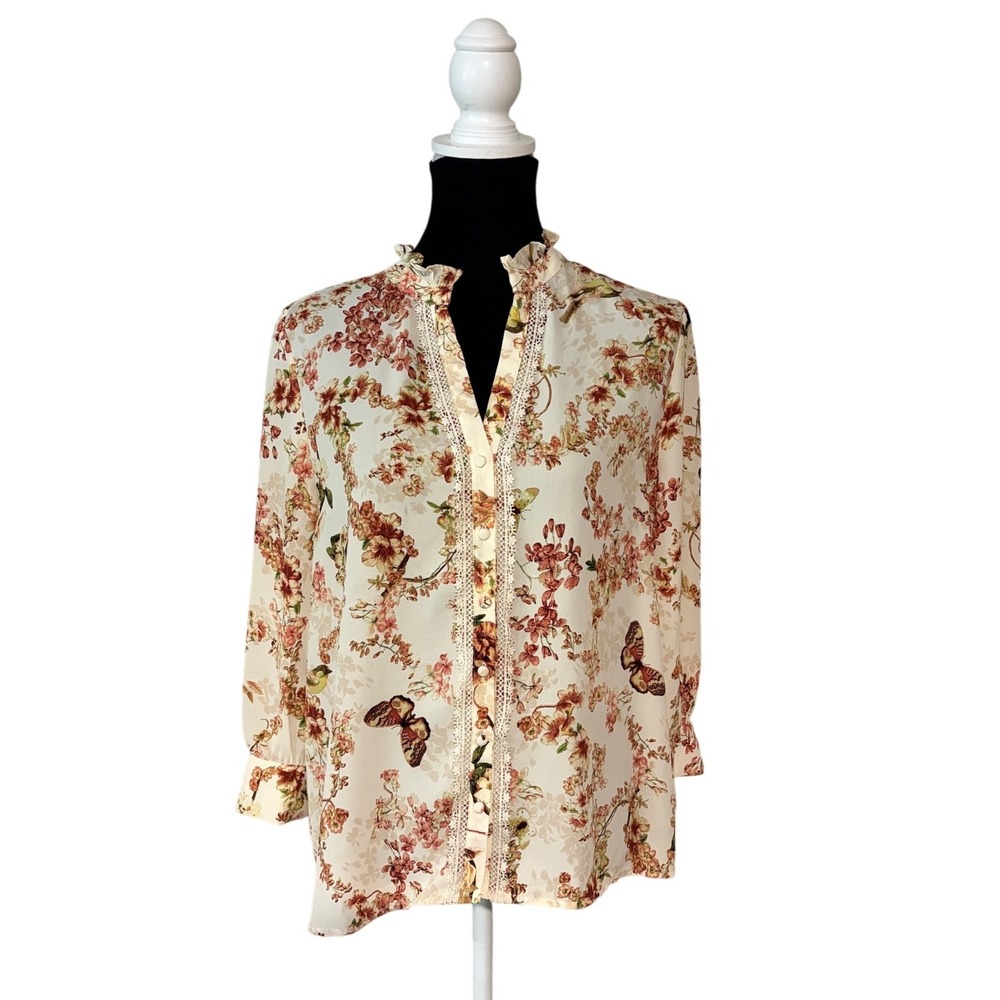 Alex & Lili Floral Butterfly Lace Trim‎ Blouse Large Garden Party Cottagecore